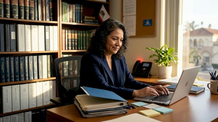 Lawyer organizing files in Monterey Park office
