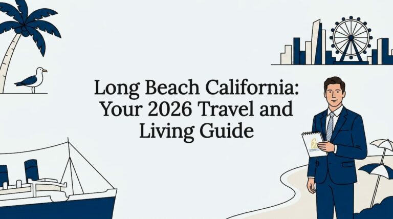 Decorative title card with palm tree, ship, skyline, and beach motifs