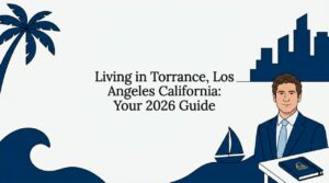 Decorative title card with coastal and city icons