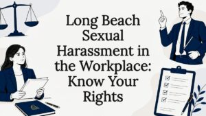 Stylized editorial title card illustration for workplace harassment article
