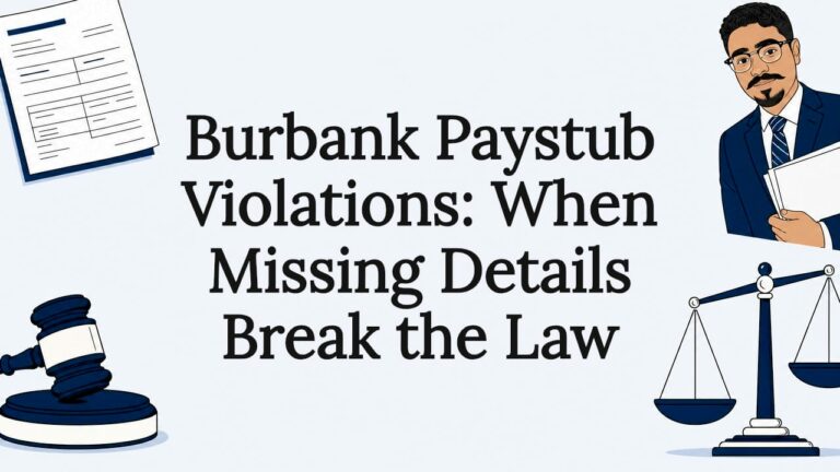 Decorative title card illustration featuring legal and paystub elements