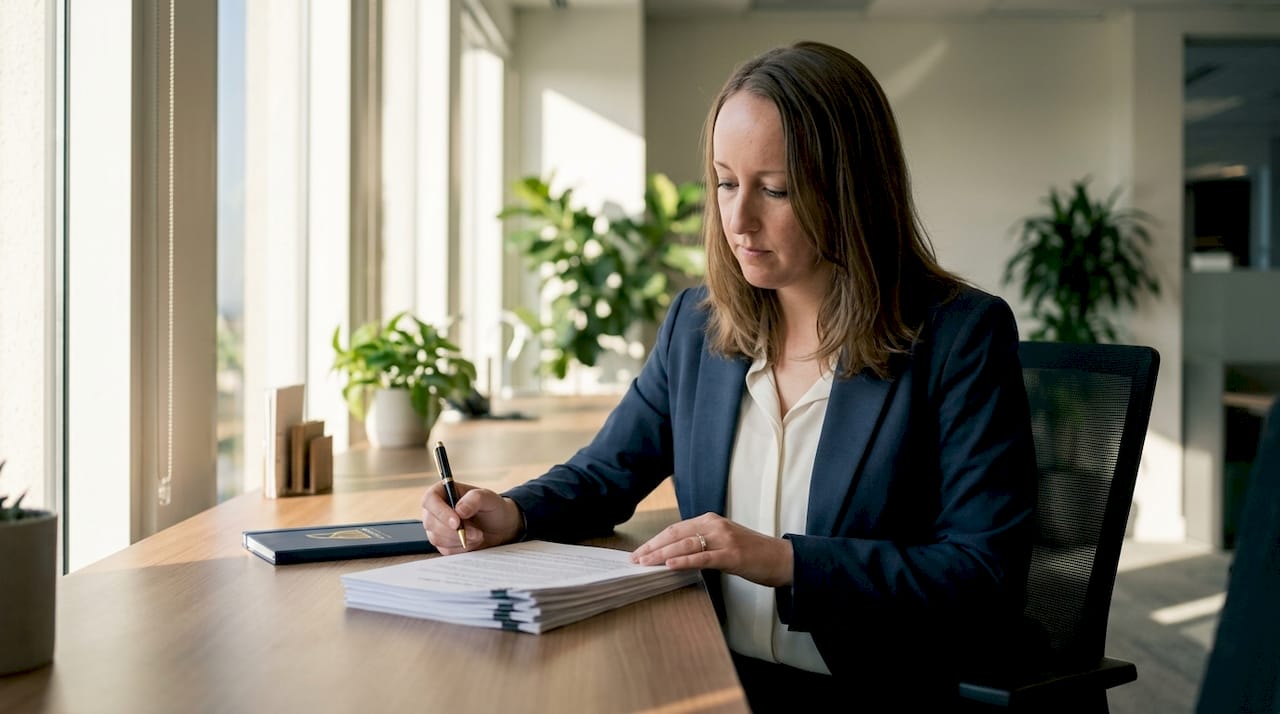 Professional reviewing pay documents in office