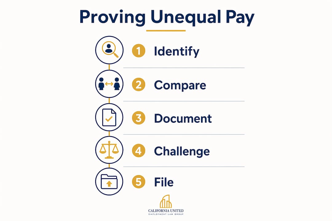 Infographic outlining steps to prove unequal pay discrimination