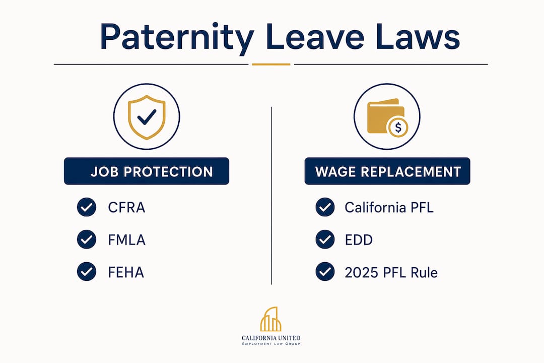 Infographic comparing California paternity leave job protection and wage replacement laws