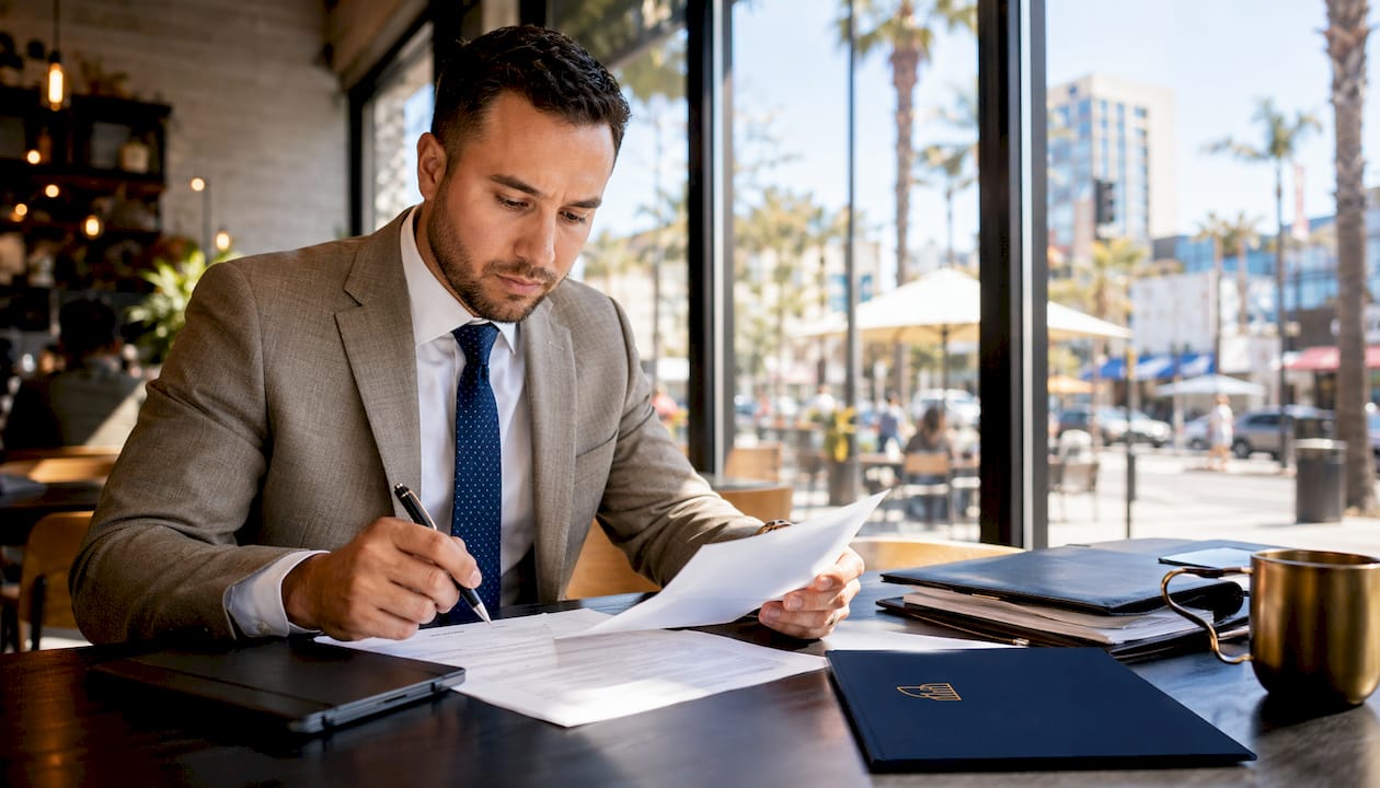 Professional reviewing wage documents at desk