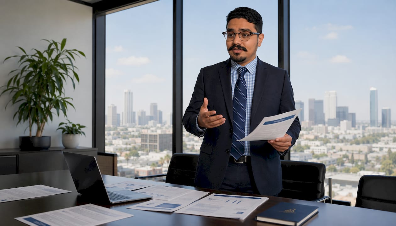 Man reviewing employment law documents in office