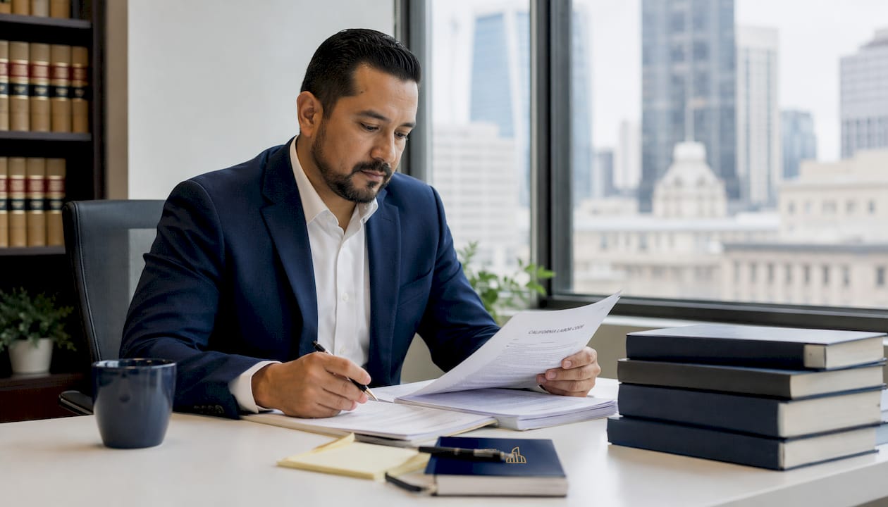 Person reviewing wage law documents at desk in office