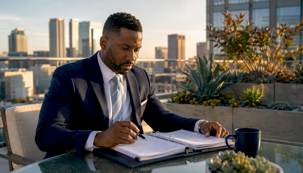 Man reviewing employment law materials in office