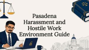 Decorative title card illustration with legal and Pasadena motifs