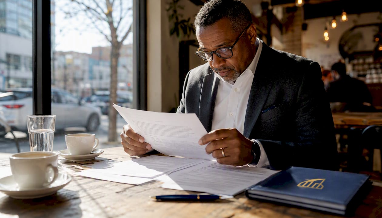 Man reviewing legal complaint documents at desk