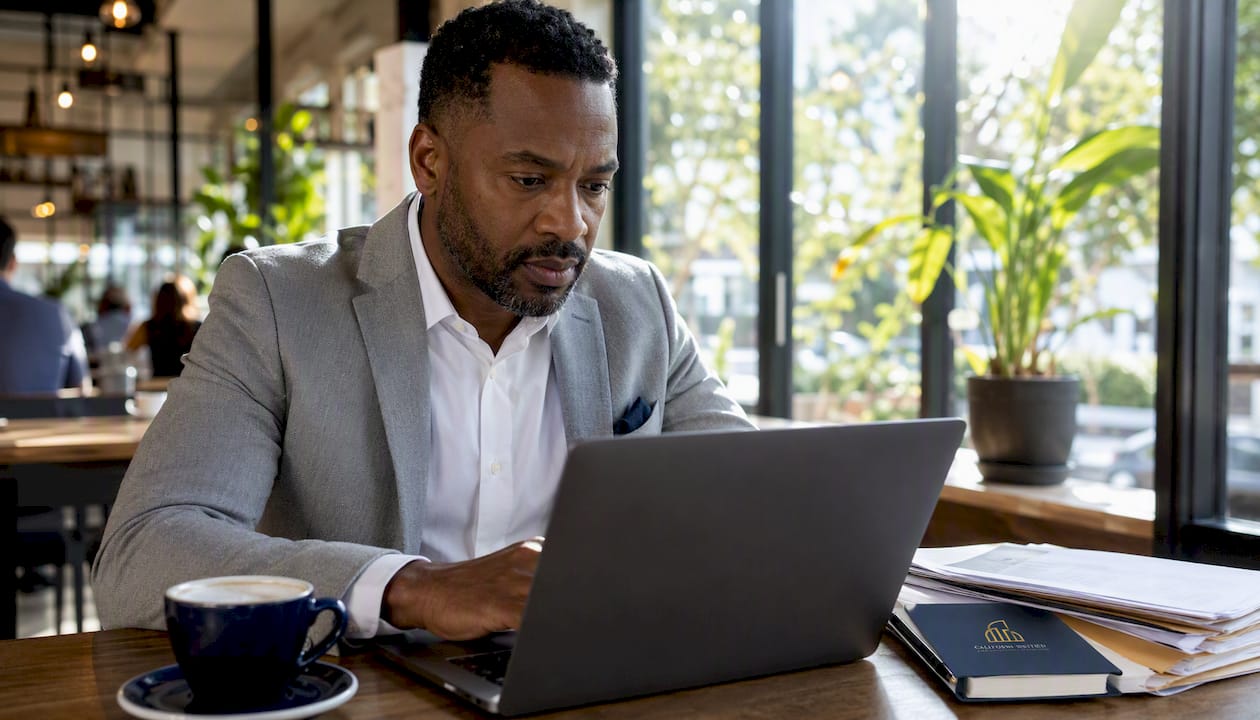 Man typing follow-up email in office setting