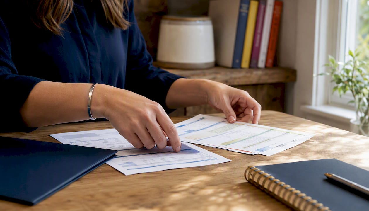 Close-up of wage statement documents and hands