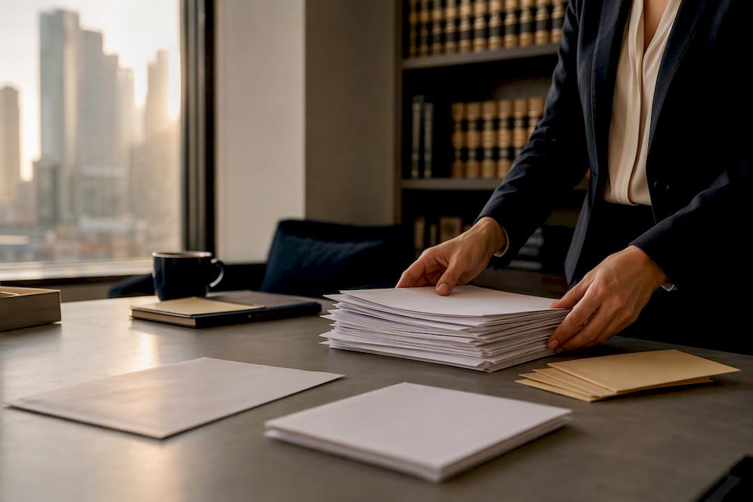 Hands organizing legal evidence folder in office