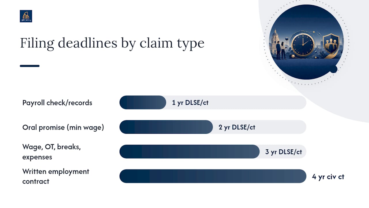 Diagram comparing California wage claim filing deadlines and options