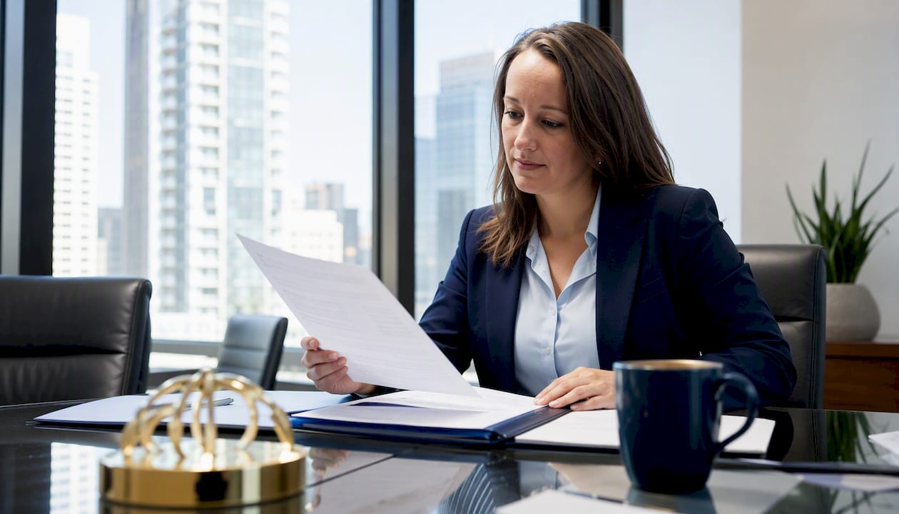 Professional reviewing paystub at desk
