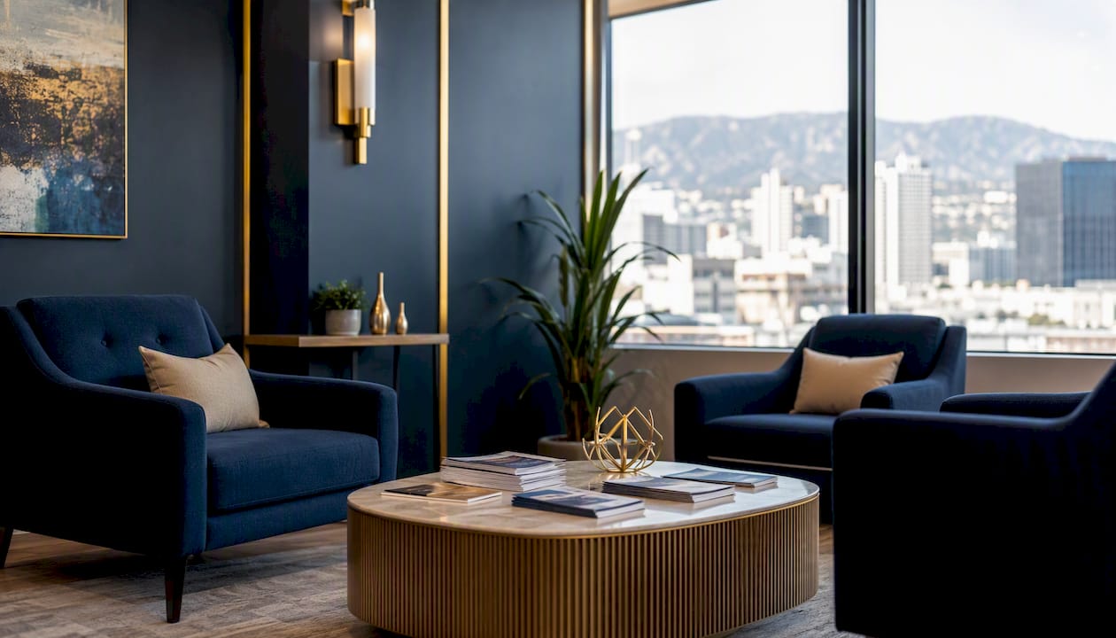 Law firm waiting area with subtle city background