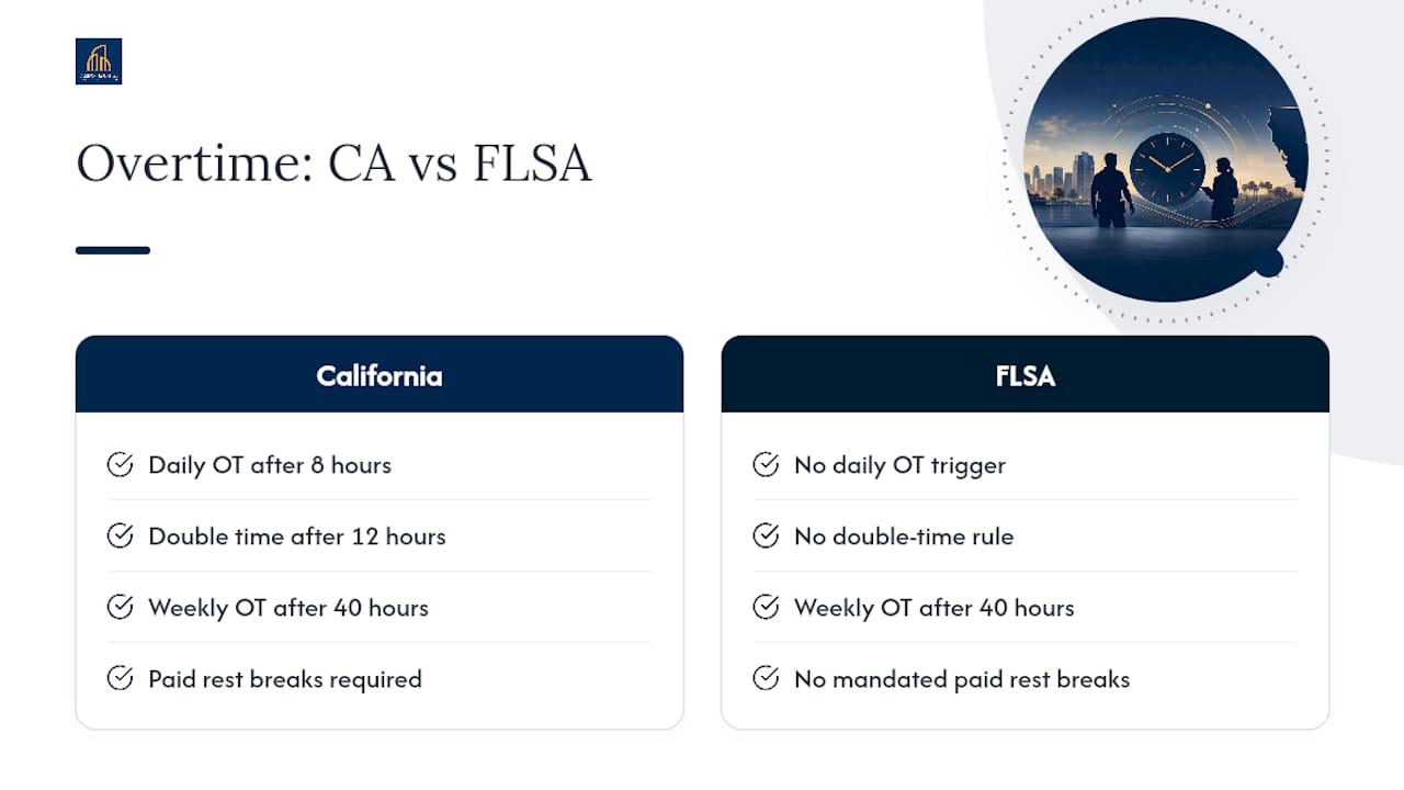 Diagram comparing California and federal overtime laws
