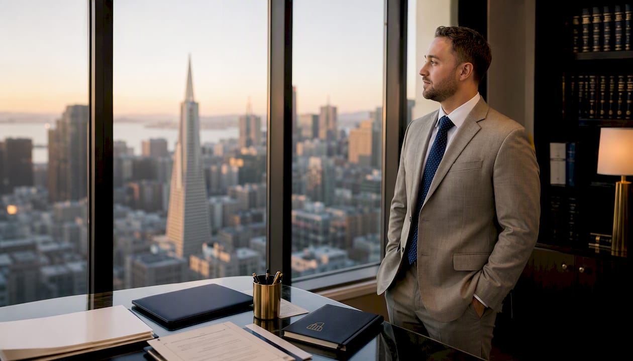 Professional near office window with city skyline
