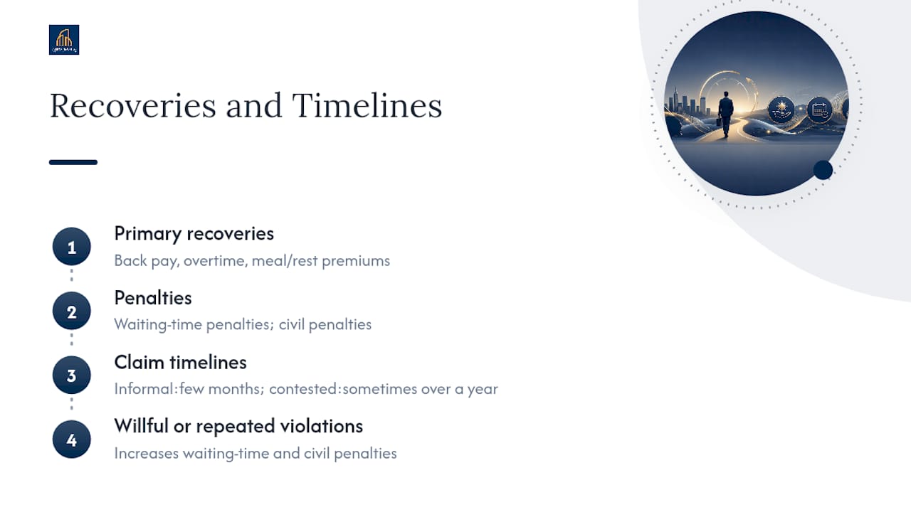 Diagram of wage claim recovery elements and resolution timeline