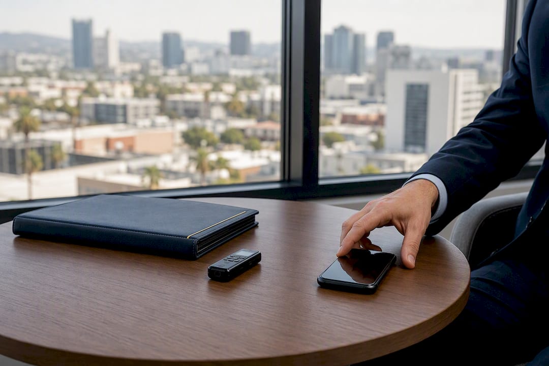 Hand placing phone on desk to contact lawyer