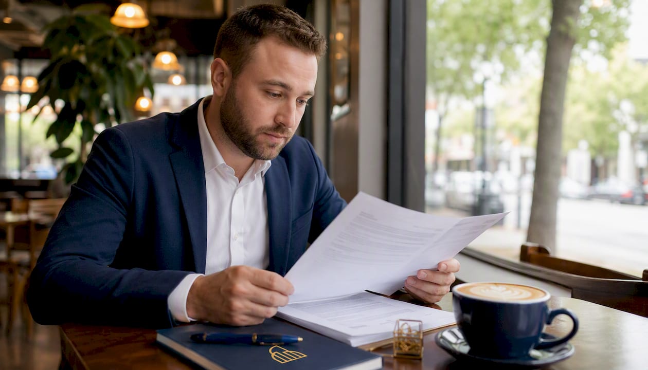 Employee reviewing employer documents at desk