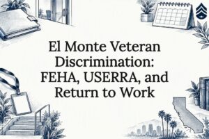 Hand-drawn employment and service symbols frame title